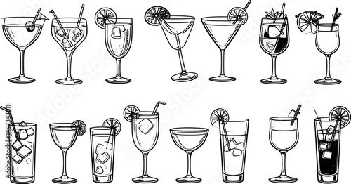 Assorted cocktails collection vector black and white illustration. Various drinks in different glasses with garnishes.
