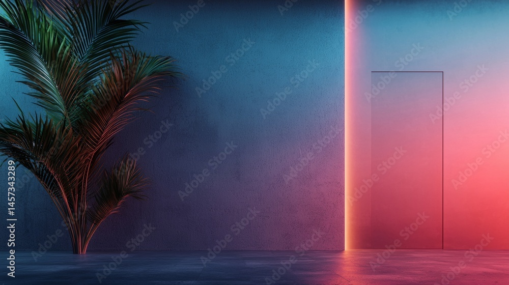 a plant in a room with a door and a pink wall in the background