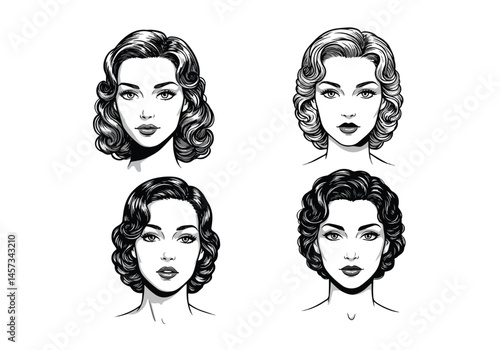 Adobe Illustrator Artwork Monochrome black and white flat vector illustration set of four elegant pin-up girl faces with classic wavy hairstyles. Vintage beauty and expressive emotions in a retro 