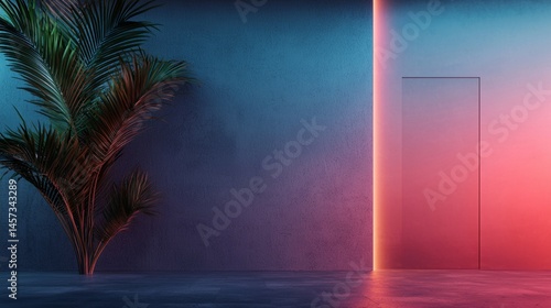 Obraz na płótnie a plant in a room with a door and a pink wall in the background w salonie