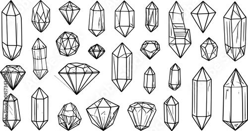 Crystals vector illustration set. Mineral, moon stone, quartz, diamond in style of hand drawn black doodle on white background. Gemstone silhouette sketch