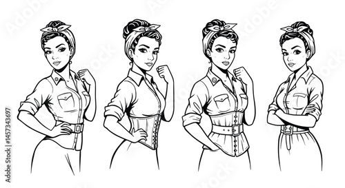 Adobe Illustrator Artwork Monochrome black and white flat vector illustration set of four retro housewives or pin-up girls in aprons. Vintage domestic charm in a classic style