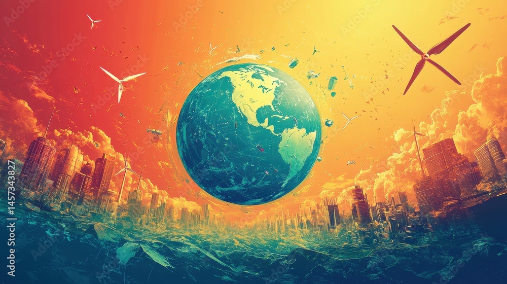 Naklejka premium An artistic world globe encircled by renewable energy vehicles, simplified one-color background