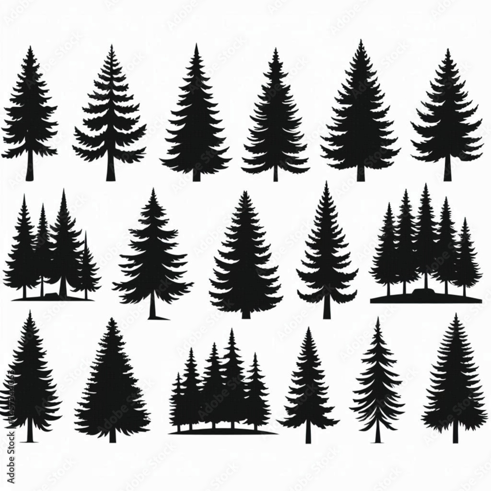 Silhouette Art Pine Tree set for high quality, black and white Silhouette Art Pine Tree set for high quality, black and white