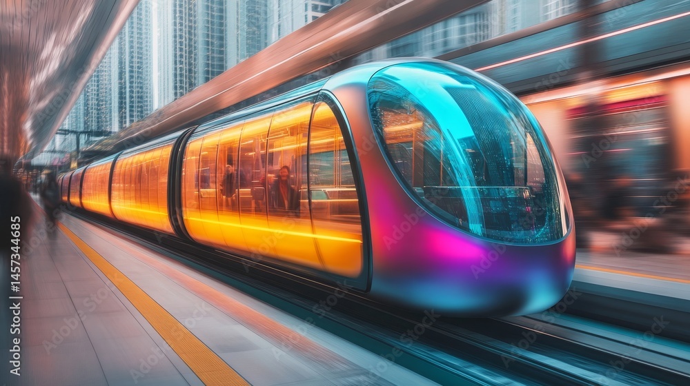 Fototapeta premium Futuristic High-Speed Train in Modern City with Motion Blur, Transportation of the Future