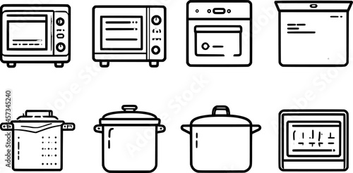 Ready to eat food package line icons. Vector outline illustration with icon - microwave oven, salt shaker, boil, bake, vent tray. Pictogram for semifinished meal prepare instruction. Editable Stroke