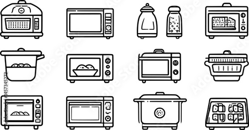 Ready to eat food package line icons. Vector outline illustration with icon - microwave oven, salt shaker, boil, bake, vent tray. Pictogram for semifinished meal prepare instruction. Editable Stroke