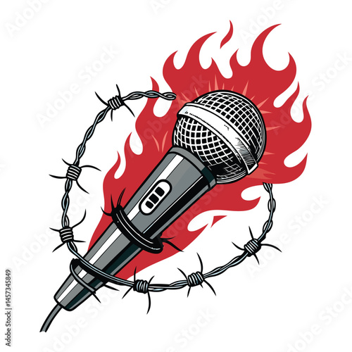 A microphone ensnared by barbed wire, dramatically lit with bold flames, suggesting censorship or suppressed speech.