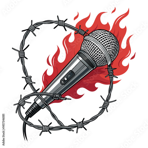 A microphone ensnared by barbed wire, engulfed in vibrant, bold flames; a striking visual metaphor for censored speech or silenced voices.