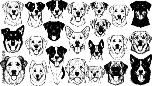 Dog breeds heads vector illustration. Pet portrait in style of hand drawn black doodle on white background
