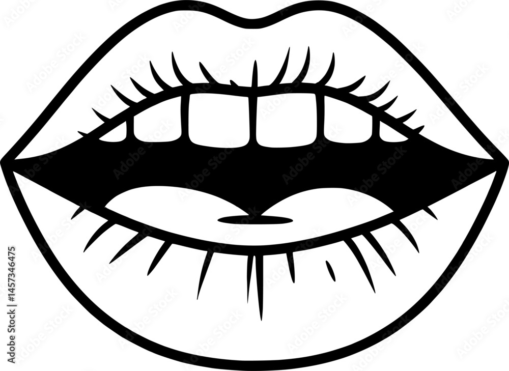 Obraz premium Lips laughing, girl lipstick vector illustration. Mouth expressions in style of hand drawn black doodle on white background. Smile emotions silhouette grunge sketch