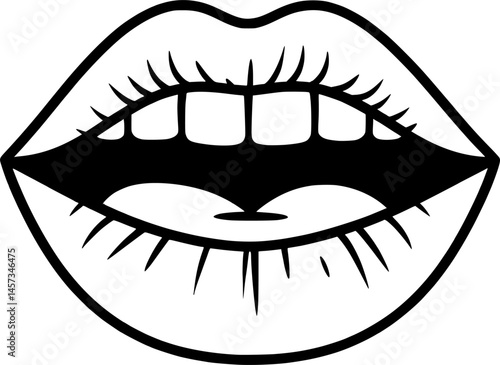 Lips laughing, girl lipstick vector illustration. Mouth expressions in style of hand drawn black doodle on white background. Smile emotions silhouette grunge sketch