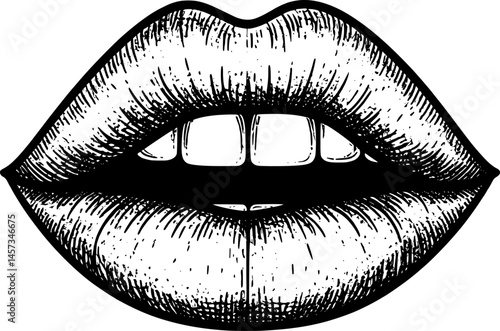 Lips laughing, girl lipstick vector illustration. Mouth expressions in style of hand drawn black doodle on white background. Smile emotions silhouette grunge sketch