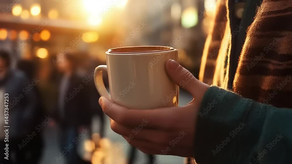 Warm cup of coffee held by a person in a cozy outdoor setting during sunset, with blurred background Warm cup of coffee held by a person in a cozy outdoor setting during sunset, with blurred background