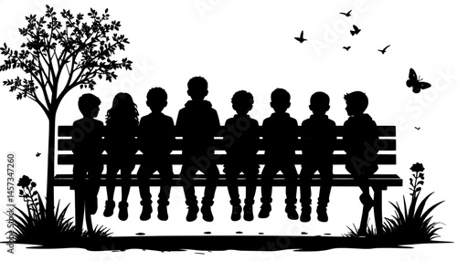 A black and white silhouette of children friends sitting on a bench in a park 