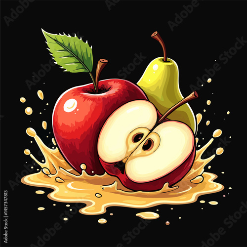 Vector design. Yellow pear, red apple,
fruit juice splashes, drops isolated 
on black background. Fashionable print for paper, 
ice cream, yogurt, candy,
lemonade label, sweet water, food packaging. 