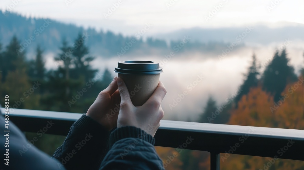 Person holding coffee cup enjoying scenic mountain view Person holding coffee cup enjoying scenic mountain view