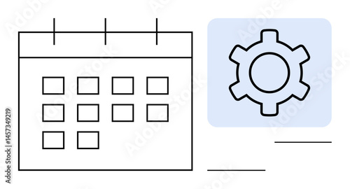 Calendar grid adjacent to a gear icon symbolizing scheduling, planning, and customization. Ideal for productivity tools, task management, workflow optimization, automation, technology, digital