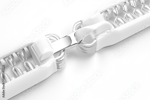Close-up of a white zipper.  Metal slider and teeth are visible.  Precise and detailed