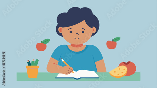 Child with Food Diary A child writing in a diary about what they eat with drawings of healthy foods they wish they could have symbolizing the desire for better nutrition.