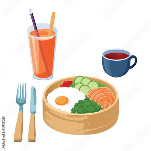 Juice tea and Fresh Breakfast Bowl - vector illustration