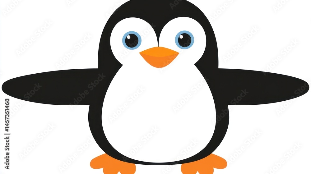 Obraz premium Cute penguin illustration with white belly, orange beak, and blue eyes on white