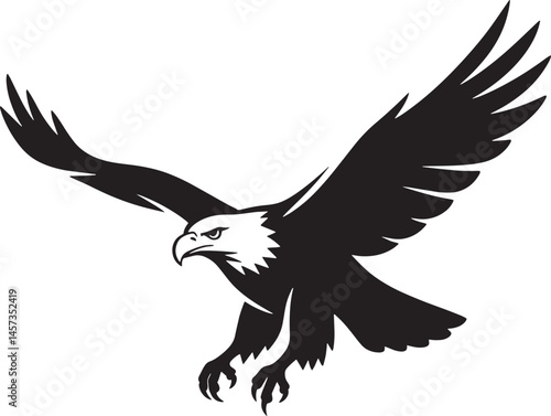 Eagle flying with strong wings open and sharp eyes in mid air silhouette for wildlife and freedom concept