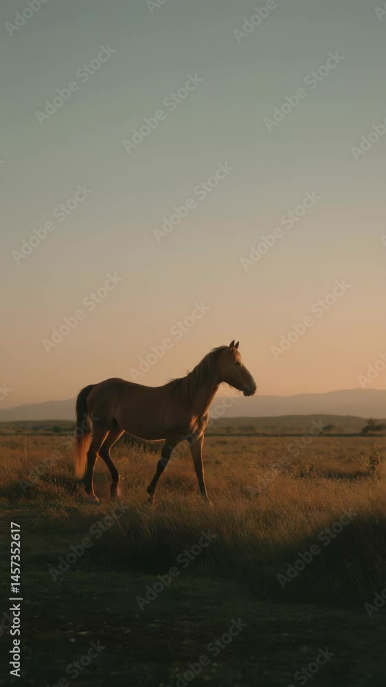 Elegant chestnut horse walking through field at sunset with mountains in background, creating beautiful outdoor scene Elegant chestnut horse walking through field at sunset with mountains in background, creating beautiful outdoor scene