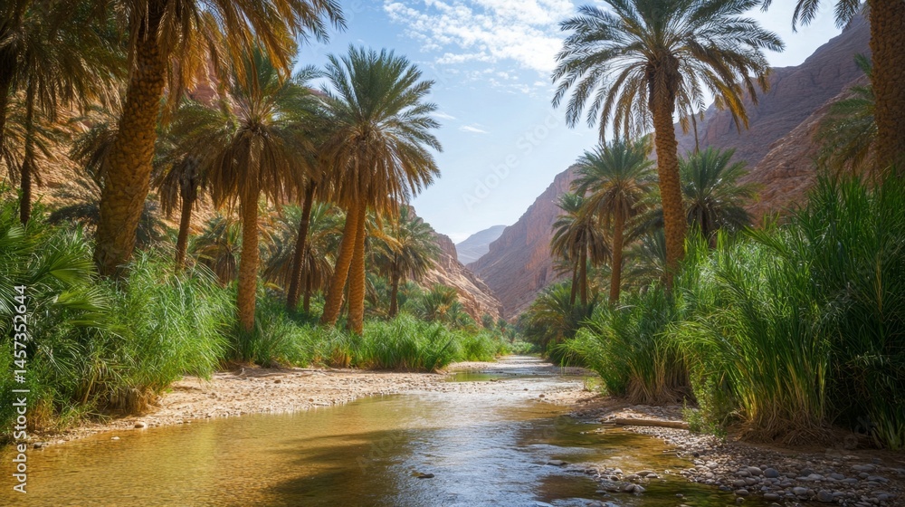 Obraz premium Serene Oasis Valley with Palm Trees and River