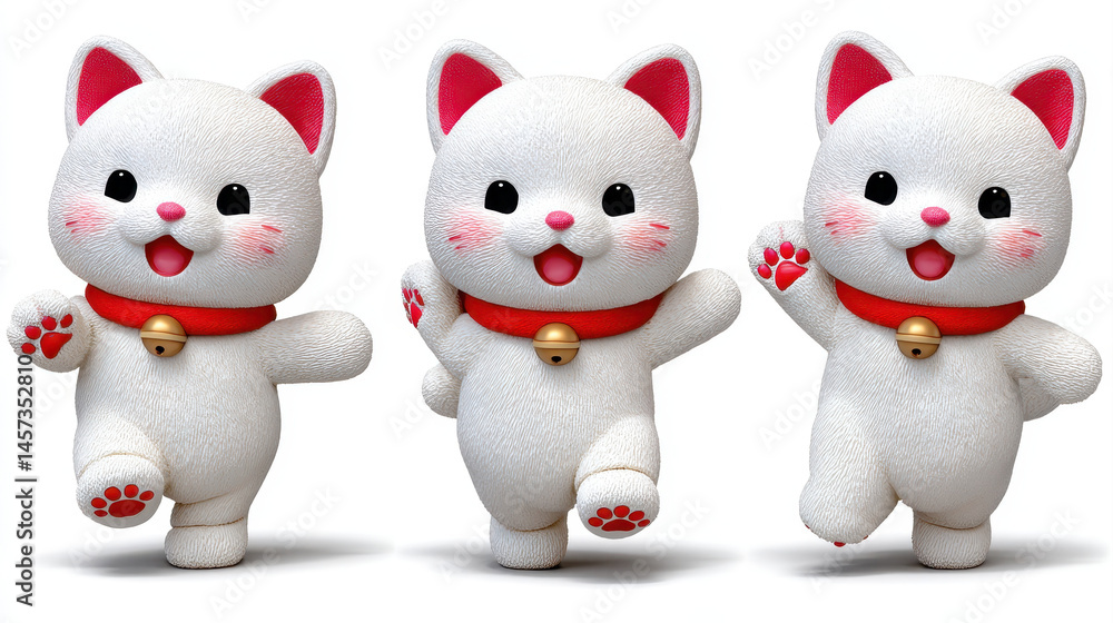 Cute chibi style cat mascots with joyful expressions, featuring white fur and pink accents, are depicted in playful pose. Their cheerful demeanor brings happiness and charm Cute chibi style cat mascots with joyful expressions, featuring white fur and pink accents, are depicted in playful pose. Their cheerful demeanor brings happiness and charm