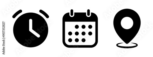 Time, date, location and calendar icon set in black and white color vector illustration. Event calendar reminder clock business schedule signs, location pin symbol. Event elements.