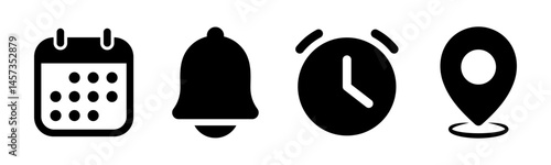 Calendar, date, time, address and location icon set in black color vector flat icon. Event calendar reminder clock business schedule signs, location pin symbol. Event elements.