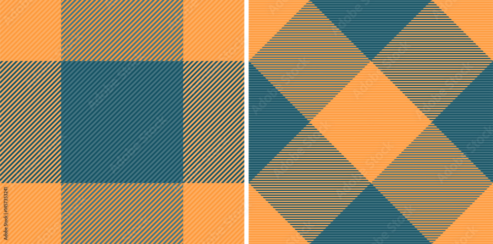 Two vibrant plaid patterns in teal and orange.  Perfect for textile design, fashion, packaging, or website backgrounds.