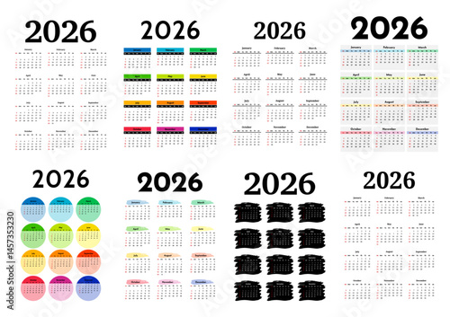 Set of calendars for 2026 isolated on a white background