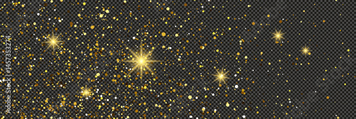Gold glittering dust with stars on transparent backdrop