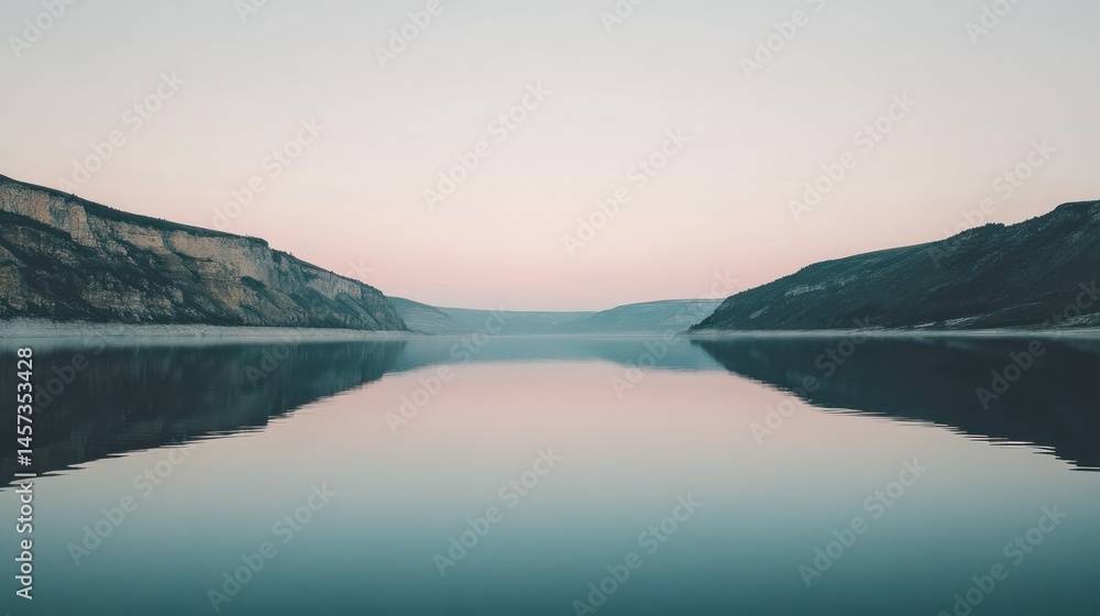 Calm lake reflects the cliffs and sky in a beautiful landscape