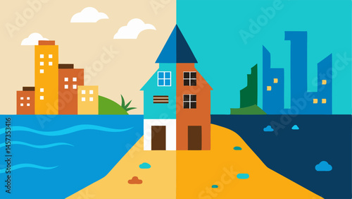 Contrasting Landscapes Split showing a wealthy city on one side with highrise buildings and clean streets contrasted with a developing village by the coastline covered