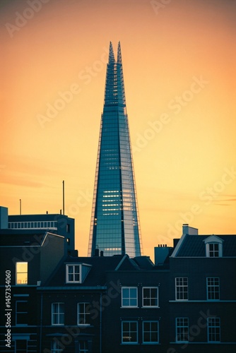 Tall skyscraper at sunset, silhouetted against an orange sky. City buildings in the foreground.