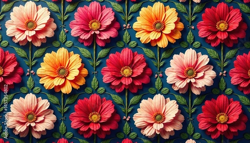 Intricate floral design, repeating seamlessly across a vibrant textile , illustration, repeat pattern, pattern design