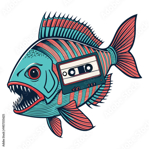 Render a bioluminescent piranha, its teeth replaced with miniature cassette tapes, dripping with glittery slime, exhibiting radioactive glow.