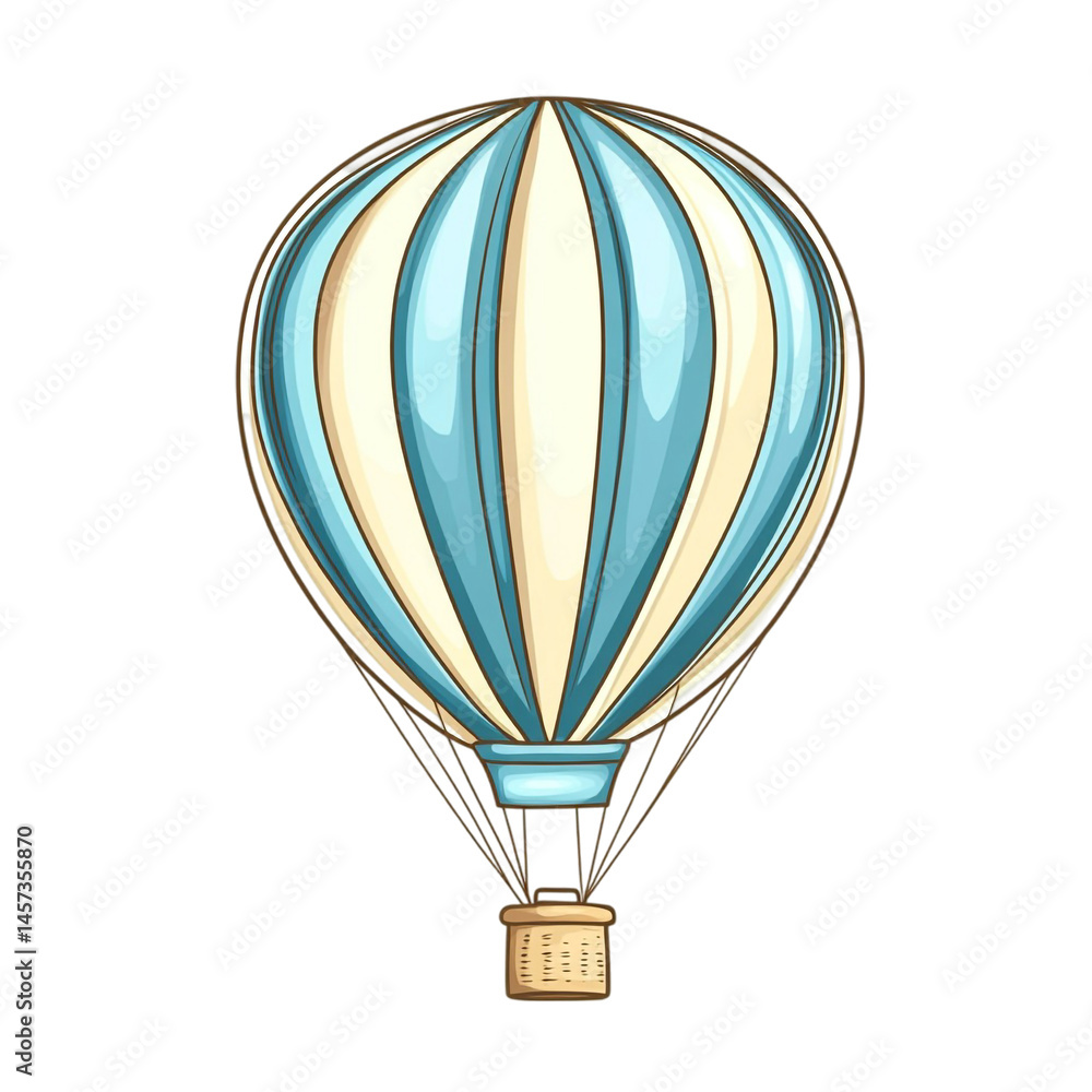 Naklejka premium A blue and beige hot air balloon floats high above a black background its wicker basket below