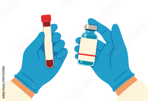 Gloved Hands Holding Blood Sample and Vaccine Vial Illustration