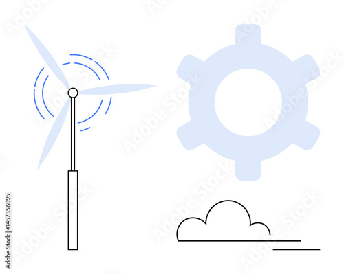 Wind turbine generating energy, large cogwheel symbolizing innovation, and cloud suggesting clean air. Ideal for sustainability, green energy, technology, innovation, renewable resources, eco