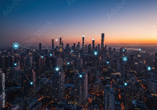 Wallpaper Mural A futuristic cityscape showcases digital connections over buildings during the early evening. Torontodigital.ca