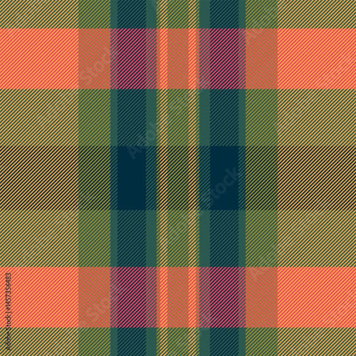 Vibrant autumnal plaid pattern in rich coral, olive green, and deep teal.  Ideal for textile design, fashion, home décor, and website backgrounds.