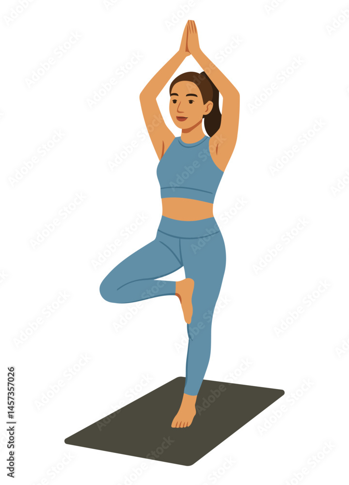 Woman in Tree Pose Yoga Standing on Exercise Mat Woman in Tree Pose Yoga Standing on Exercise Mat