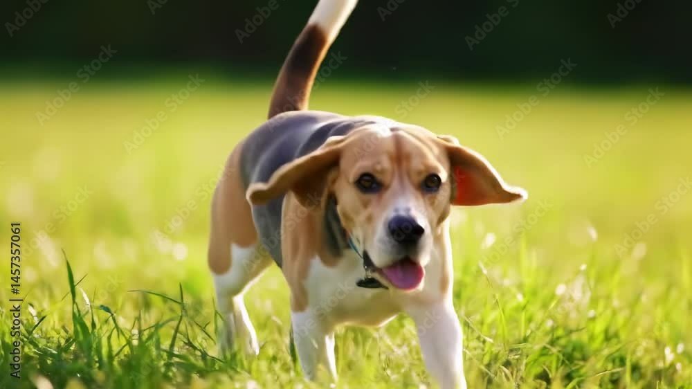 Beagle dog playfully running on a sunny grassy field. Beagle dog playfully running on a sunny grassy field.