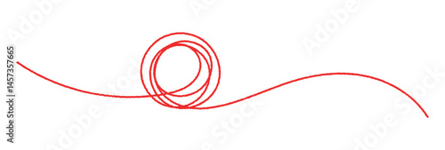 Red thread looped in a circle form, symbolizing vector, Tangled banner with scribbled circle hand drawn with thin line, divider shape. Isolated on white background. Vector illustration.