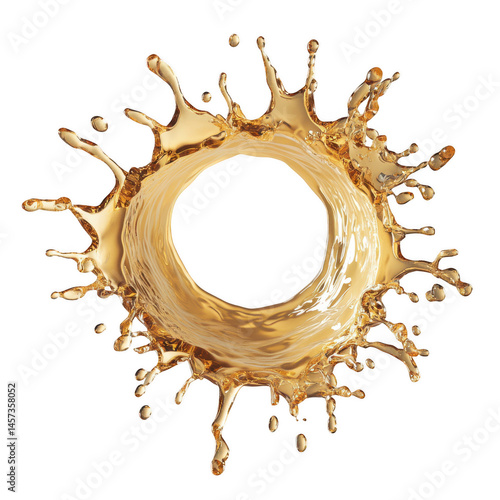 Circular splash of golden liquid against a stark black background