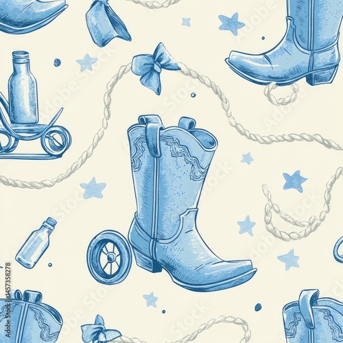 Light beige background with a repeating pattern of baby blue cowboy boots,  accessories like  small milk bottles,  a baby carriage,  and  skates, with bows and  string
